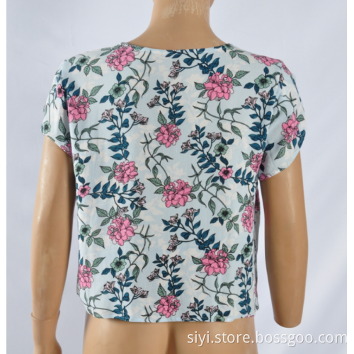 Woman's V-Neck Short-Sleeved Rayon Printed Blouse